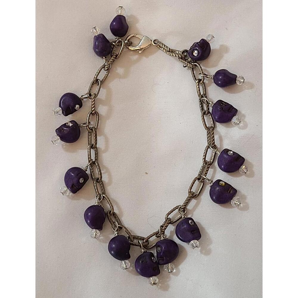 Purple Bejeweled Skull Beaded Bracelet 9" Day Of The Dead Shamballa Goth Pirate